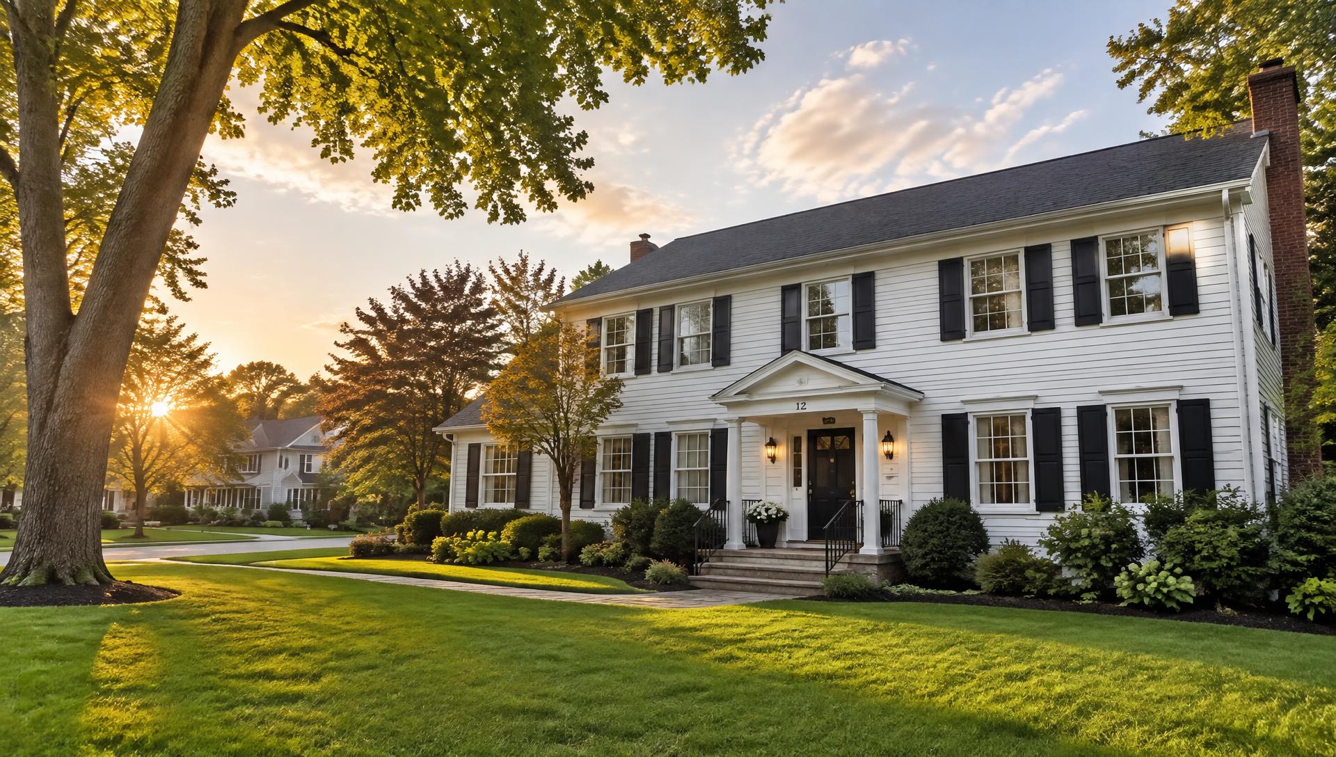 White colonial home with black shutters on a tree-lined New England street at golden hour