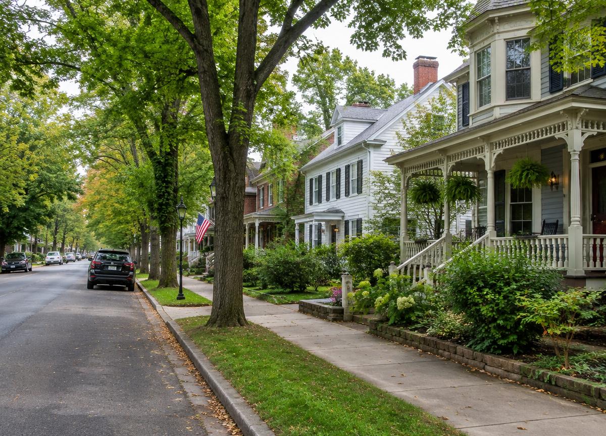 Tree-lined residential street with porches and colonial homes